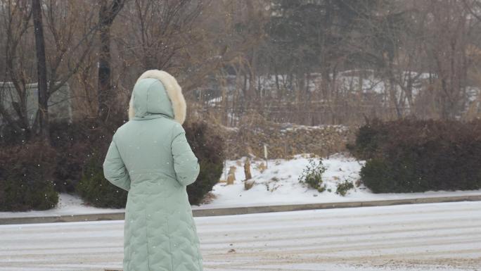 大雪中等待的女孩子