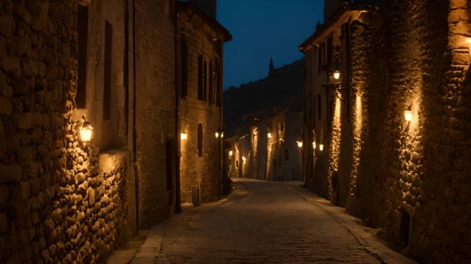 静谧唯美安宁的古城墙灯光夜景动画