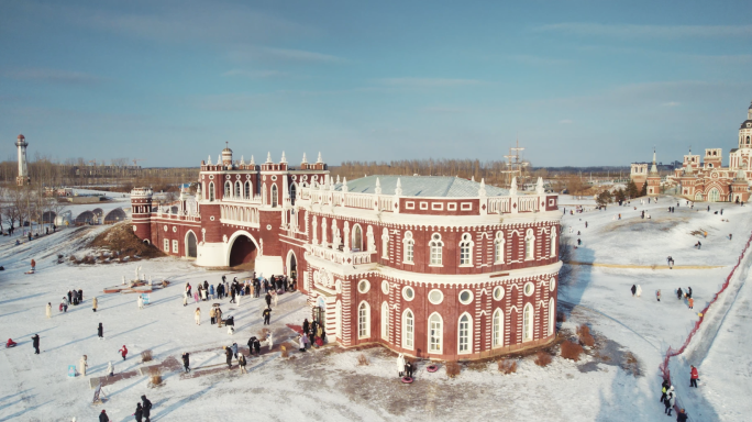 哈尔滨冬季伏尔加庄园航拍4k