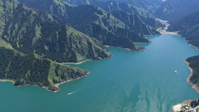 森林湖泊山川风景航拍新疆天池中国自然风光