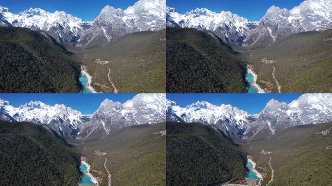 航拍云南旅游丽江蓝月谷和玉龙雪山自然风景