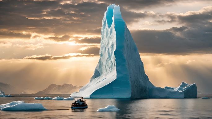 巨大冰川下的游船