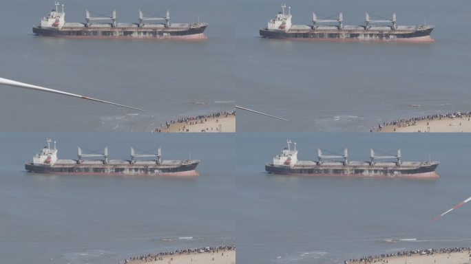 航拍威海荣成布鲁威斯海湾搁浅货轮游客海鸥