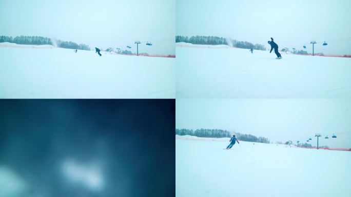 滑雪墙滑雪板滑行时雪花飞溅