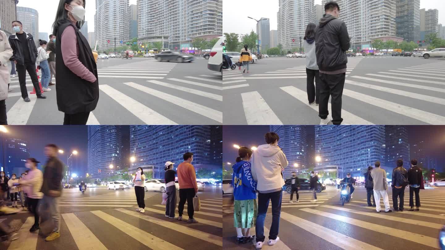 城市马路十字路口行人人流延时摄影