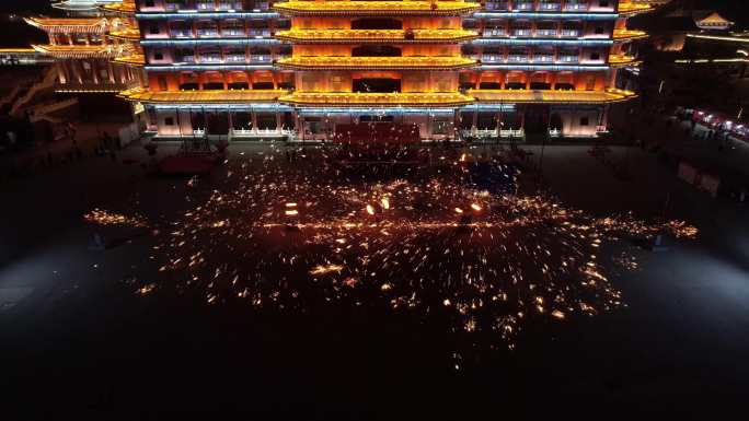 4k非遗打铁花树花铁水夜景航拍