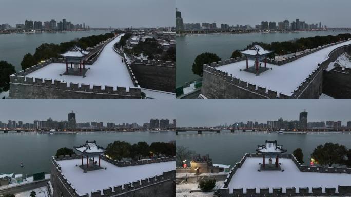 襄阳古城夫人城雪景汉江夜晚城市风光