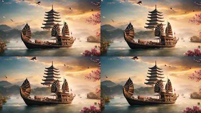 中式古代战船帆船