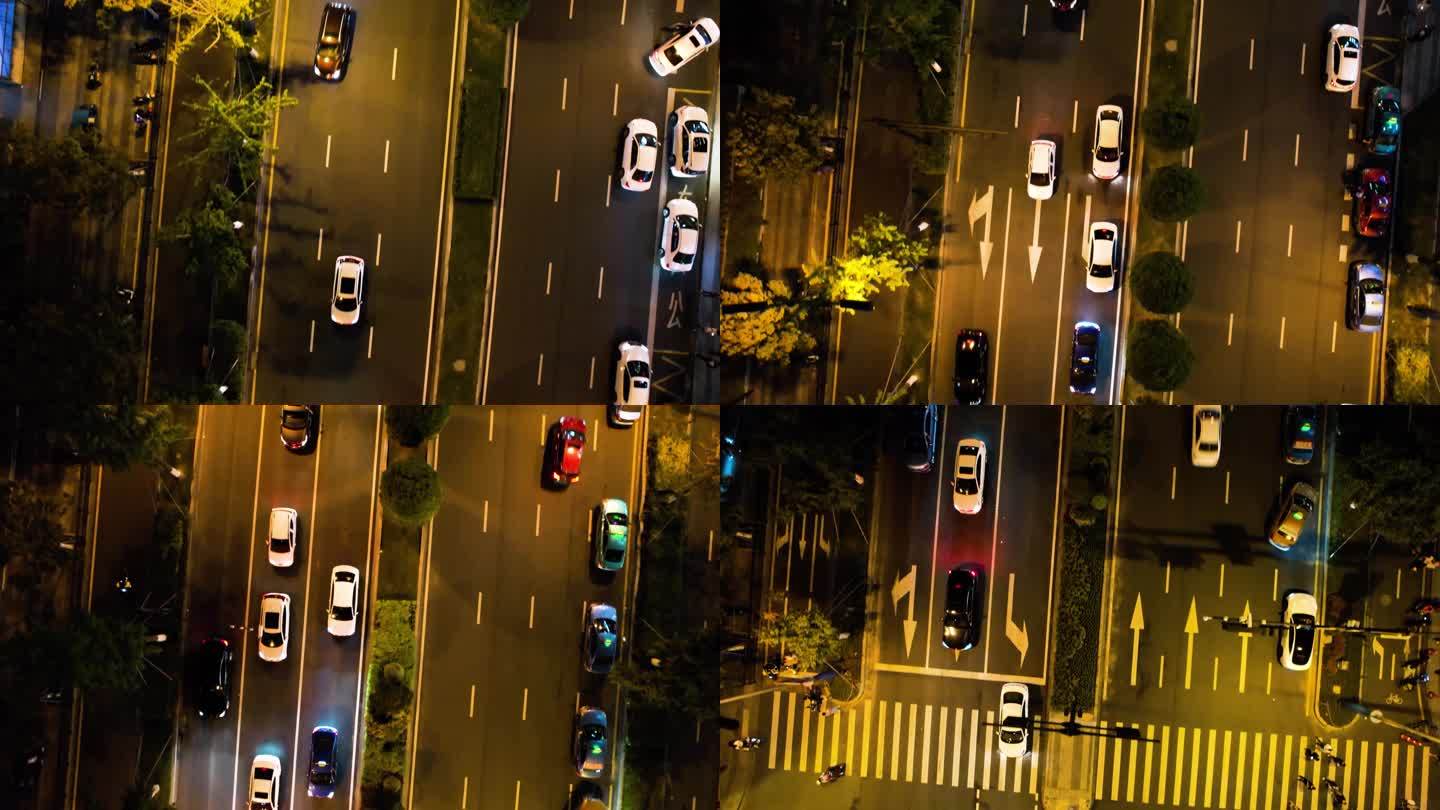 俯视繁忙的车辆车流夜景航拍