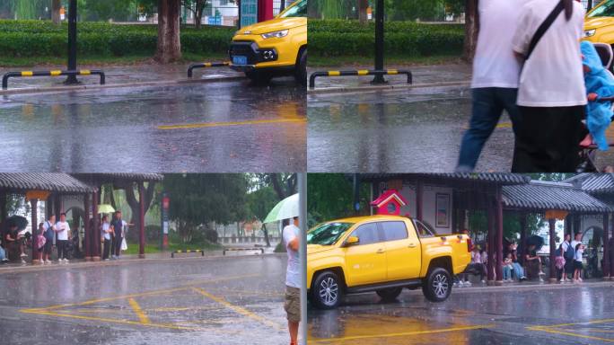 城市下暴雨下雨天雨季汽车人流街道街头街景