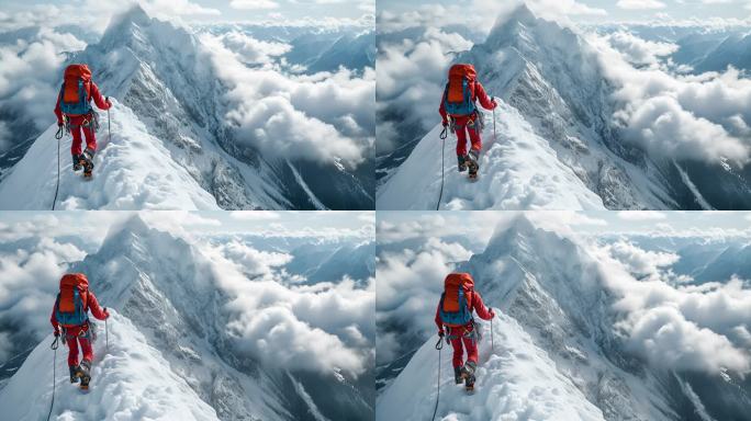 攀登雪山登顶登山镐日出