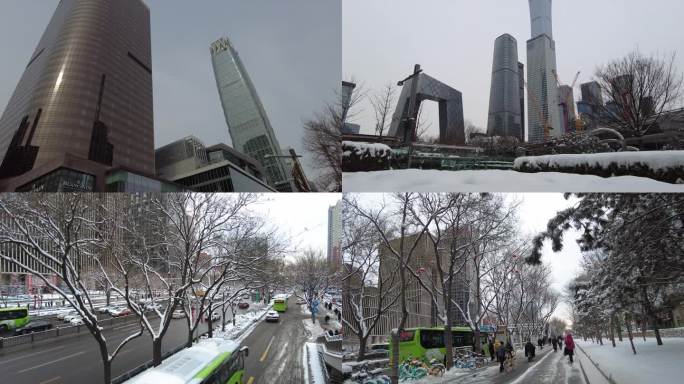 北京冬天雪后行人上班雪景饿了吗城市冬季