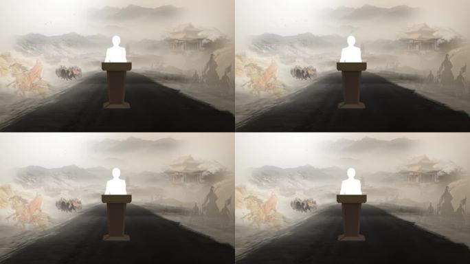 中国风水墨虚拟场景虚拟背景带讲桌AE模板