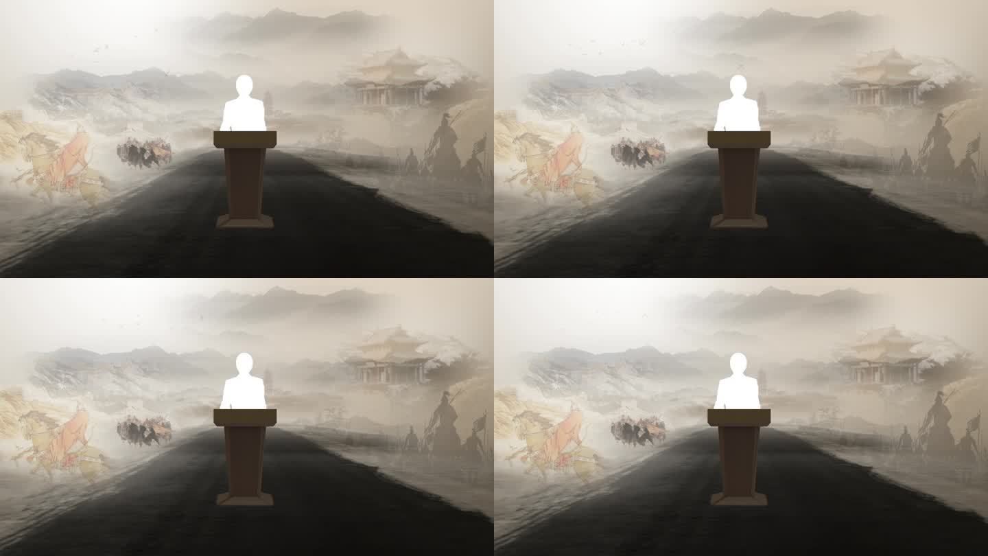 中国风水墨虚拟场景虚拟背景带讲桌AE模板