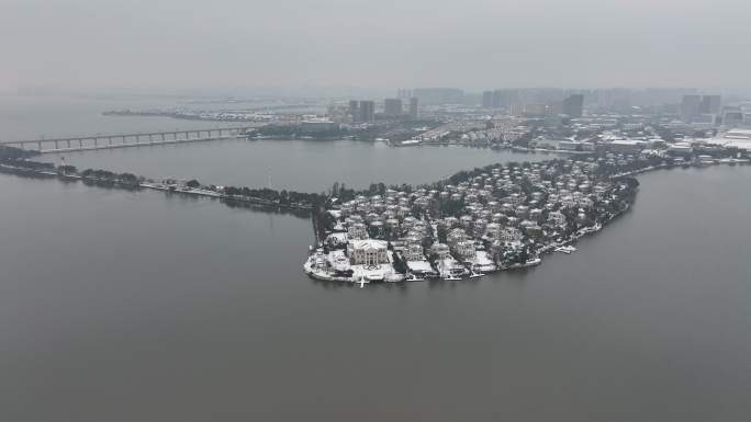 武汉汤逊湖长岛别墅区雪景航拍