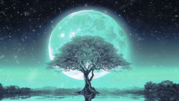 圆月树木夜晚风景视频素材