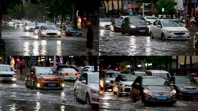 城市街道大雨水淹道路