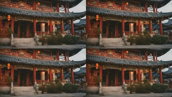 中式汉唐红色灯笼建筑 白天