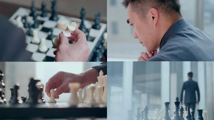 高端商务男士精英下国际象棋思考沉思布局