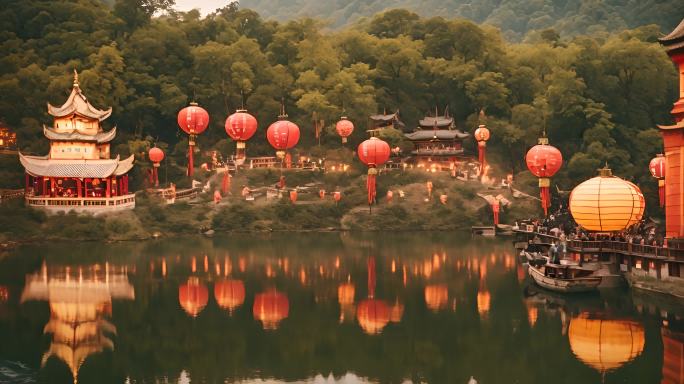 汉唐中式建筑红色灯笼元宵节过节气氛
