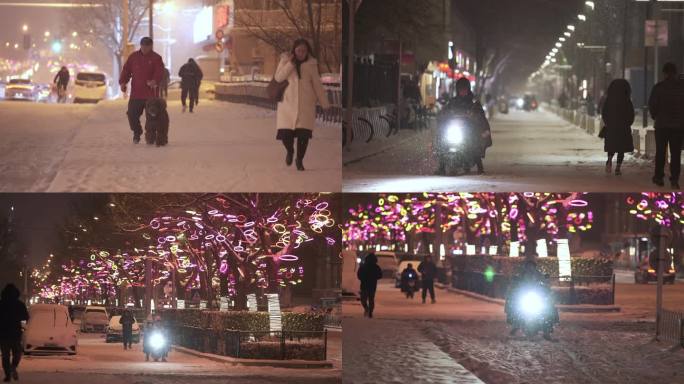 下雪天夜景行人