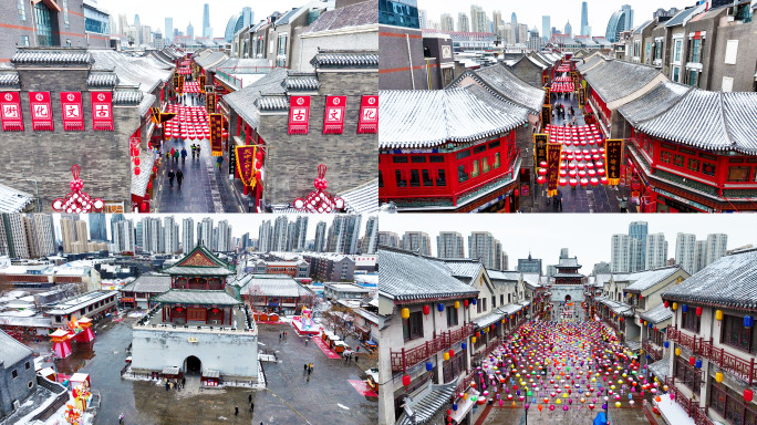 天津古文化街鼓楼雪景商用4K素材