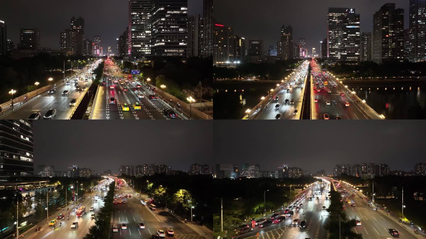 广州大桥夜景航拍车流交通广州大道广州越秀