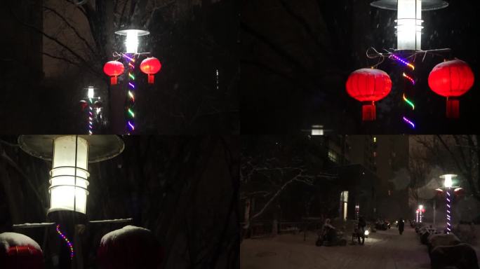 城市小区冬天下雪雪花飘落红灯笼过年了春节