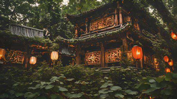 汉唐中式建筑红色灯笼元宵节过节气氛