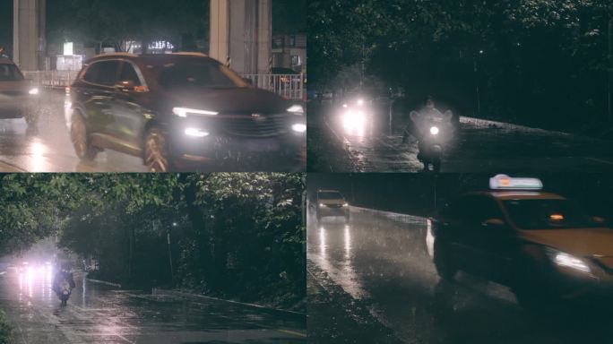 大雨天气雨夜广西柳州街道汽车行驶交通车流