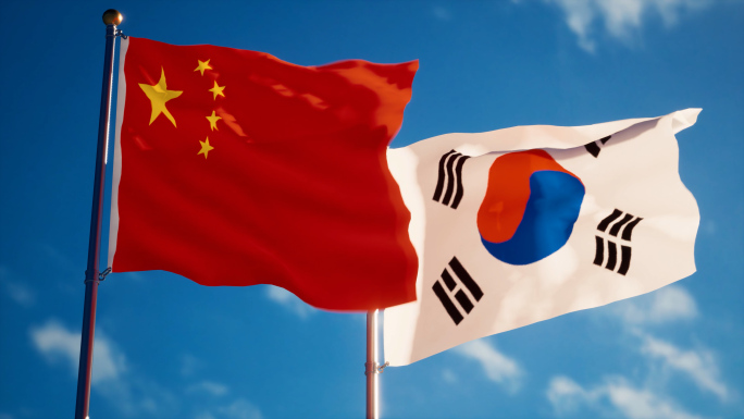 中国韩国旗帜飘扬中韩友好战略稳定伙伴关系