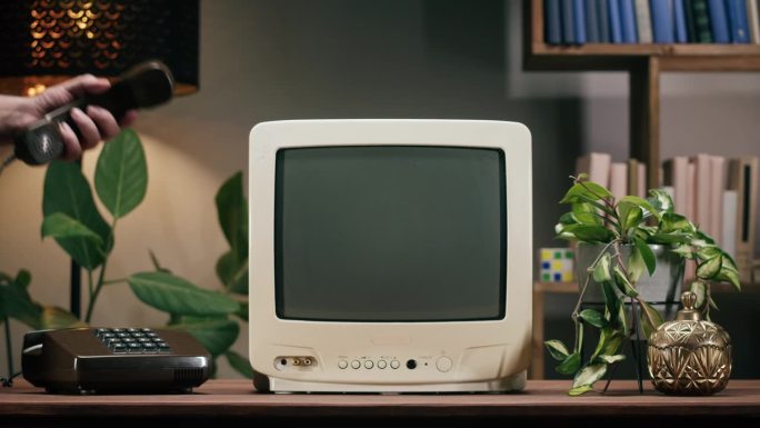 家庭背景上带有灰色干扰屏的旧电视。餐桌上的老式电视特写，有植物，怀旧。男子用复古电话打电话。