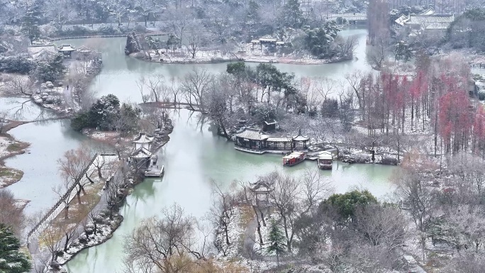 航拍扬州瘦西湖大明寺观音山宋夹城园林雪景