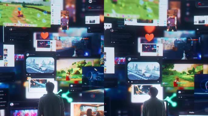 垂直屏幕:白人男子进入动画内容流的后视图。通过病毒式视频、具有影响力的社交媒体资料和互联网社区可视化