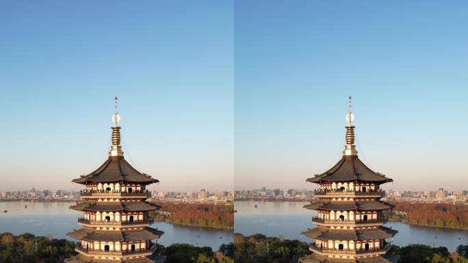 杭州西湖雷峰塔航拍雷锋夕照