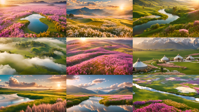 航拍春天草原的花海