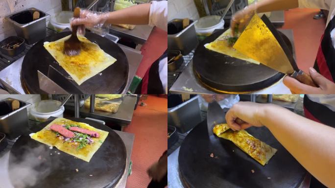 中国东北特色小吃烤冷面夹鸡蛋烤肠制作过程