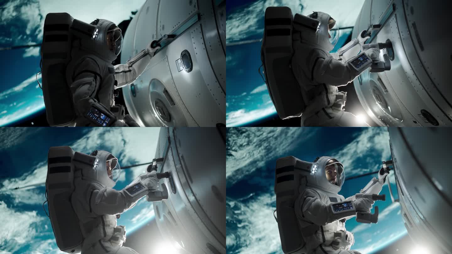 空间工程师正在用自动螺旋炮维修通信卫星上的面板。勇敢的宇航员在外太空工作，美丽的蓝色星球地球为背景