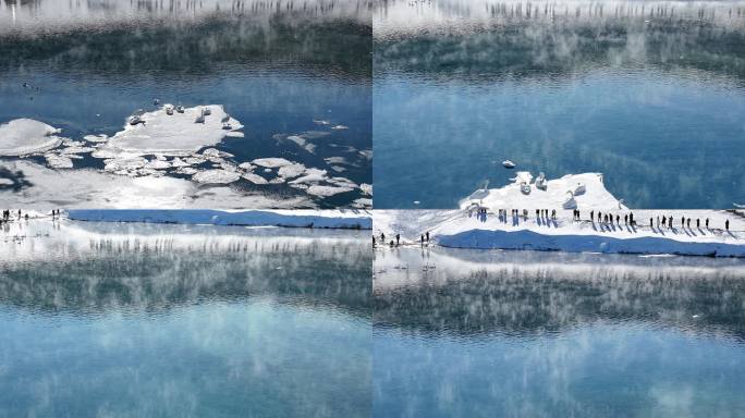 航拍冬季赛里木湖的天鹅