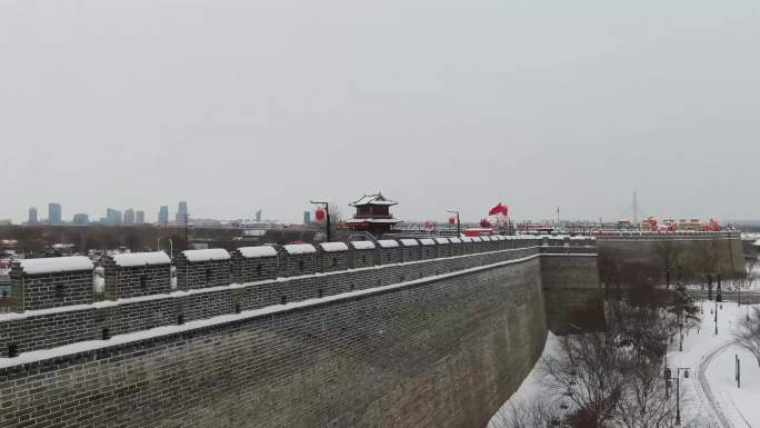 城市雪景航拍 古城雪景