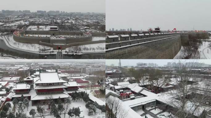 城市雪景航拍 古城雪景