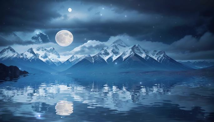 湖水上的月亮繁星倒影