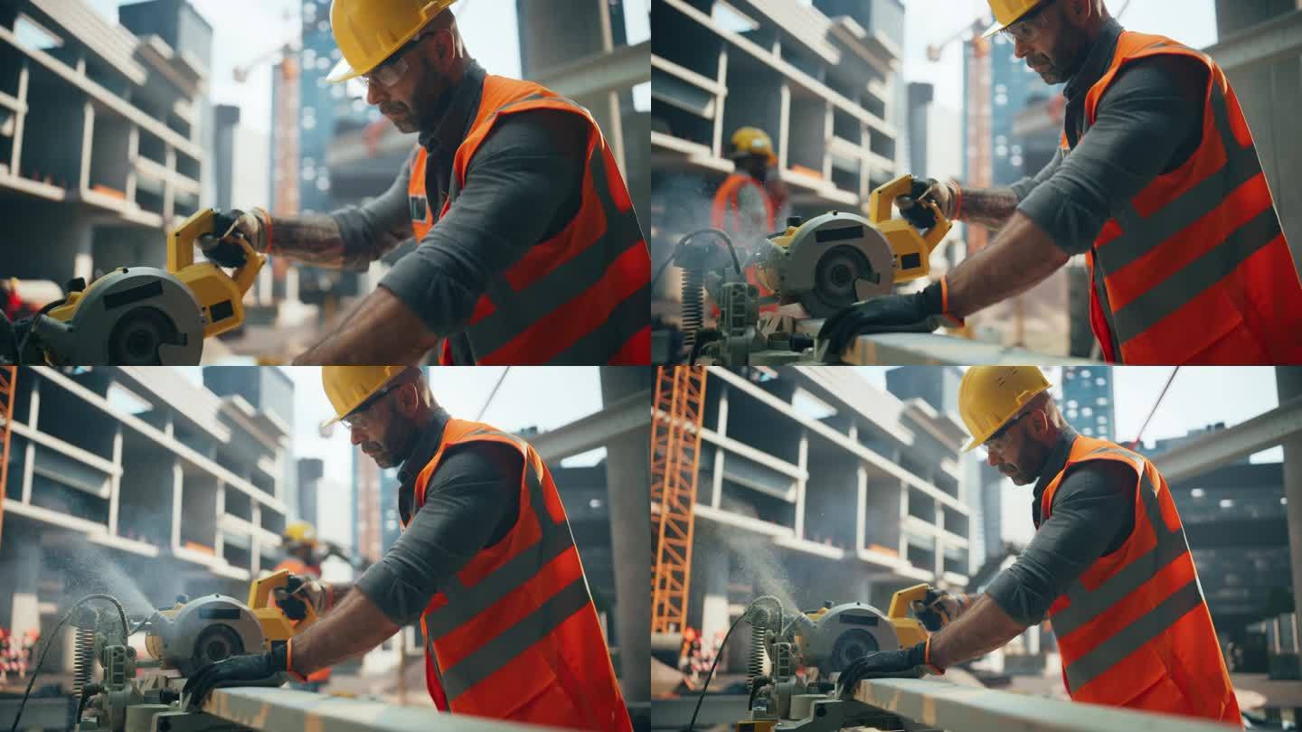 熟练的木匠穿着高能见度背心，护目镜和安全帽在建筑工地伐木。英俊的土木工程师在用电锯工作