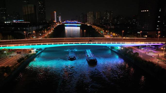 无锡京杭大运河红星桥夜景效果航拍