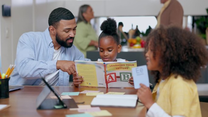 Father, kids and reading book for learning at tabl