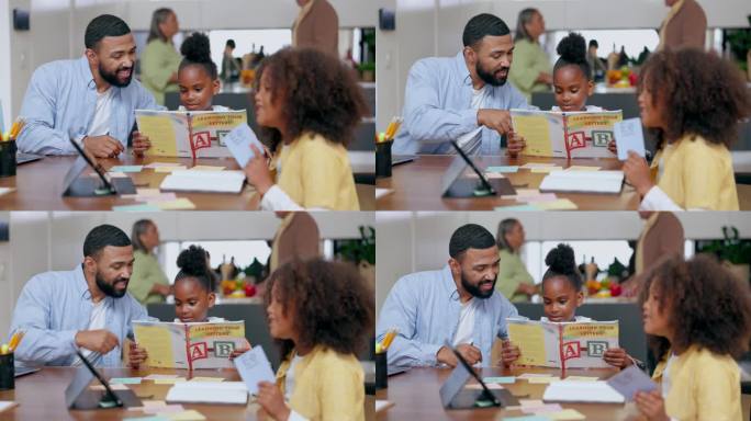 Father, kids and reading book for learning at tabl