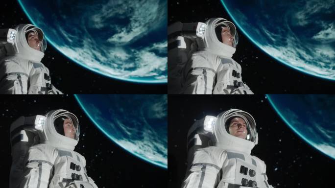 一个戴着头盔和宇航服的白人男性宇航员在外太空的肖像，在零重力下漂浮，惊奇地环顾四周。太空旅行，太阳系