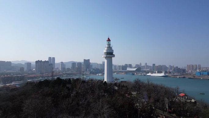 烟台山景区白塔航拍空镜