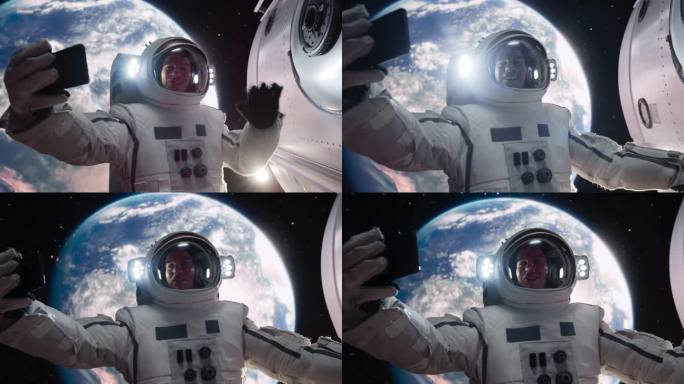穿着太空服的人在外太空一边打电话一边抓着卫星。宇航员通过智能手机上的视频通话应用程序与任务控制中心、