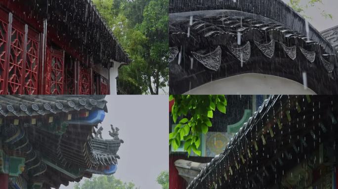 雨天中式建筑屋檐雨滴雨水古风意境